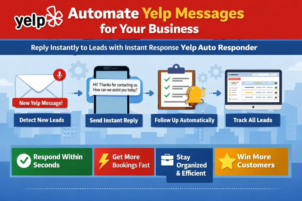 Infographic showing how Instant Response Yelp Auto Responder detects new Yelp leads, sends instant replies, follows up automatically, and tracks all customer inquiries.